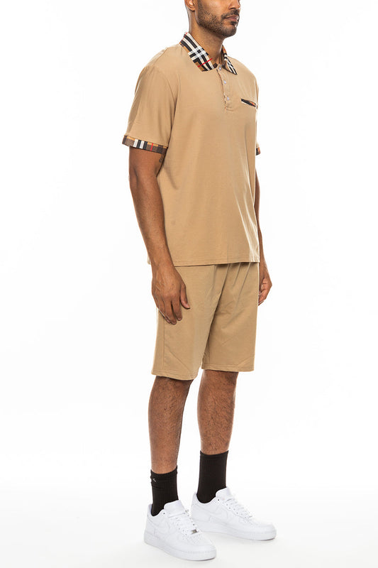 Checkered Detail Polo Short Set