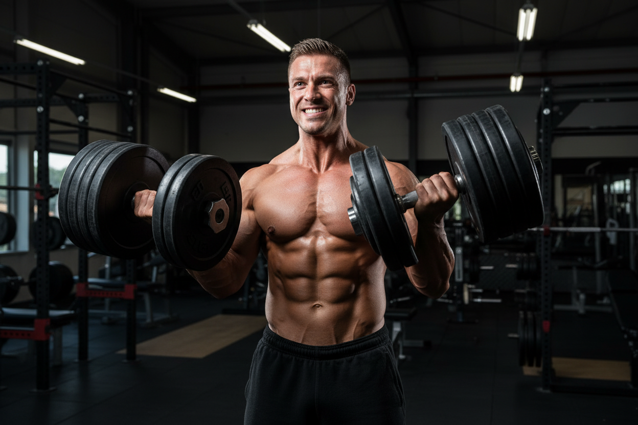 body builder with dumbles havy weight lifting